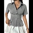 thumbnail image 3 of Conjuntos Casuales de Negocios para Mujer, Blusas Elegantes e Informales de Verano con Botones y Peplum, Camisas A Rayas 2025 Negro S, 3 of 10