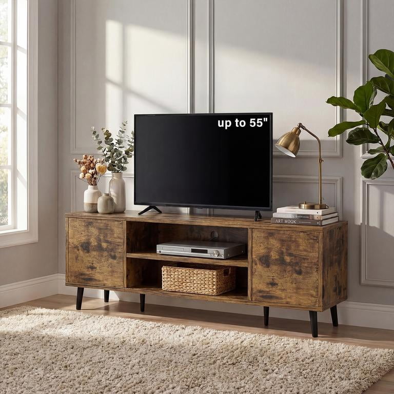 Vineego TV Stand for 55 Inch TV with 2 Push-to-Open Doors, Mid-Century Modern Media Console with Open Shelves, Entertainment Center for Living Room Bedroom, Brown