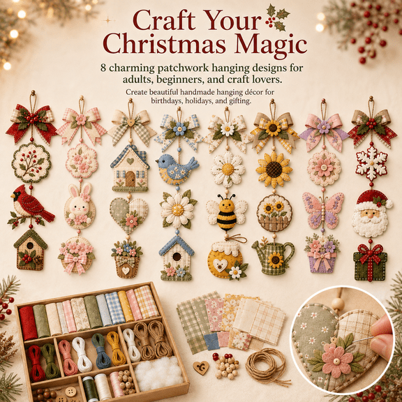 DIY Patchwork Hanging Decor Kit, 8 Style Fabric Sewing Craft Kit for Adults Beginners, Handmade Door Wall Ornament with Bow, Beads and Seasonal Designs for Home Holiday Decor