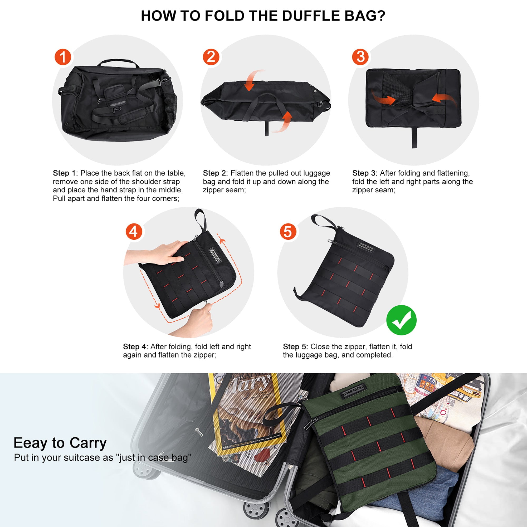WITZMAN Foldable Duffle Bag for Travel 65L Lightweight Packable Duffel Bag with Shoes Compartment Overnight Bag for Men Women (B697 Army Green)