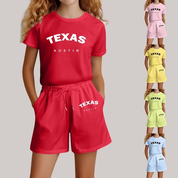 MUXiin Summer Outfits for Girls 9-10 Print Short Sleeved Sports Suit Crew Neck Children's Fashion Sports Tshirt Shorts 2pc Outfits Clothes Back To School Clothes for 13-14 Years