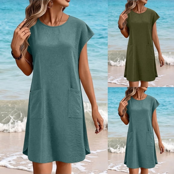 Horkkom T Shirt Dress Women Mini Short Sleeve Solid Color Summer Dresses Beach Vacation Sundresses, S-2XL