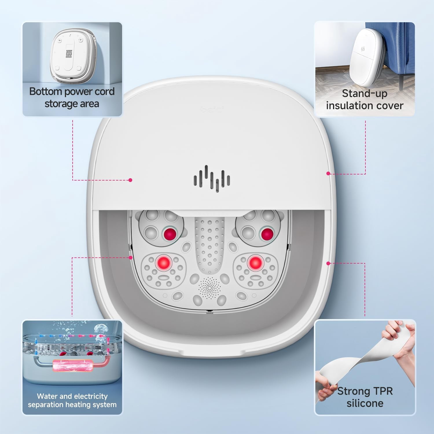 Collapsible Foot Spa Massage with Water and Electricity Separation System, Foot Bath with Three Level Temperature Control, Bubble, Remote, Red Light, Timer, and Four Set Electric Massage Balls