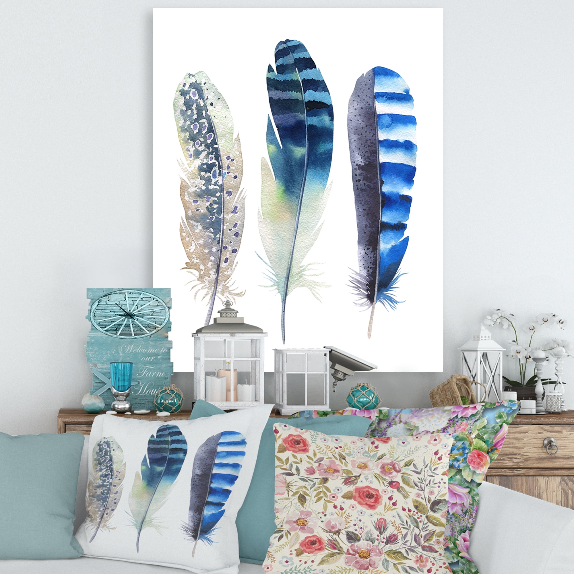 Designart ' Colourful Boho Art Feathers I ' Bohemian & Eclectic Canvas Wall Art Print