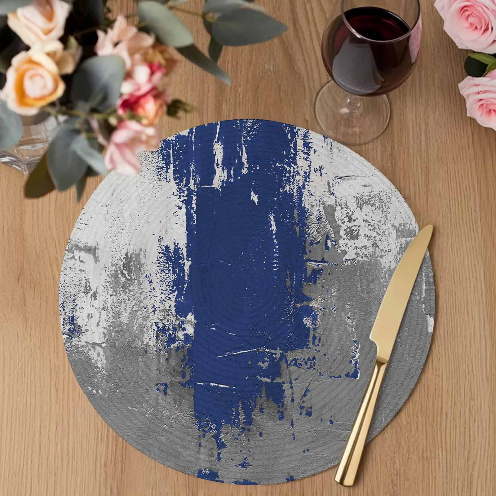 Navy Blue Cement Gray Round 13 Inch Placemats Set of 6, Modern Abstract Art Blue HeatResistant Non Slip Place Mats for Dining Table, Wipeable Braided Kitchen Table Mats for Housewarming
