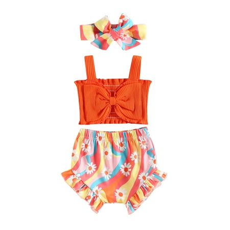 

Gwiyeopda Newborn Baby Girl Summer Sleeveless Knit Romper Bodysuit Ruffled Shorts Headband