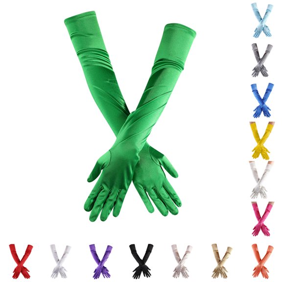 QTSHPN Gloves Women Opera Dance Elbow Finger 1920s Bridal Long Length Satin Womens Formal Evening Fashion Green One Size