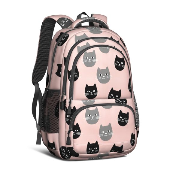Black and Gray Cat Pink Pattern Backpack for School, Cute School Bag with Adjustable Shoulder Straps and Padded Back, 16.9"x12.6"x5.9"