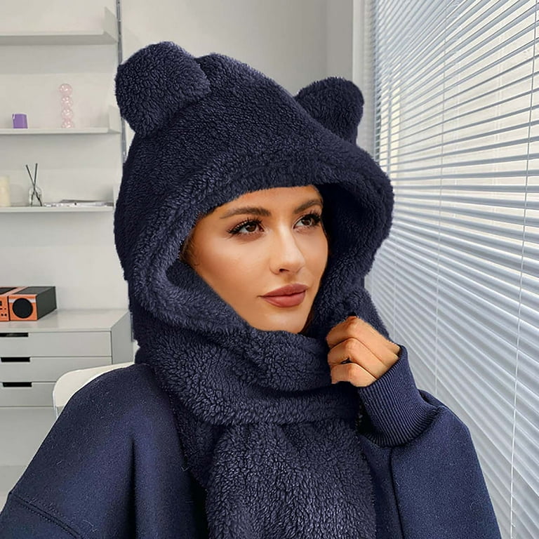Cute Hooded Scarf for Women Faux Fur Bear Ear Headscarf Fleece
