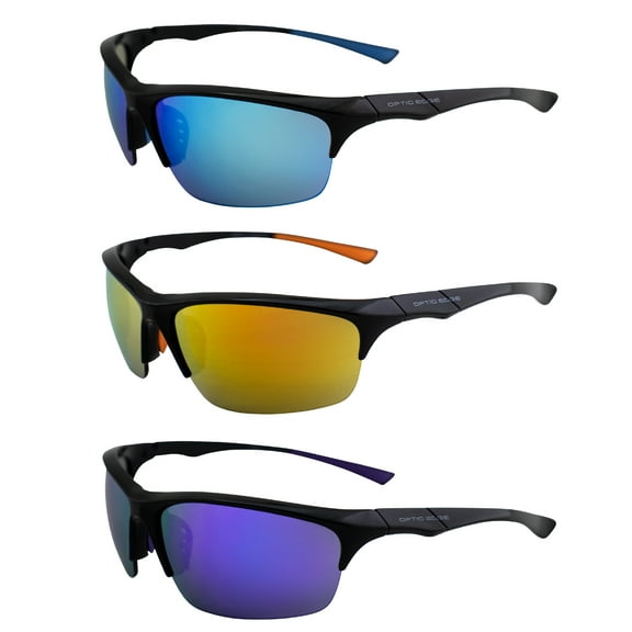 Optic Edge Shakedown Sports & Motorcycle Sunglasses 3 Pairs Wraparound Black Semi-Rimless Frames w/Dielectric Blue Orange & Purple Mirror Lenses