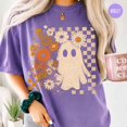 thumbnail image 2 of Floral Ghost Halloween T-Shirt, Retro Daisy Checker Graphic Tee, Comfort Colors Spooky Season Fall Apparel Gift for Women - Violet, XL, 2 of 5