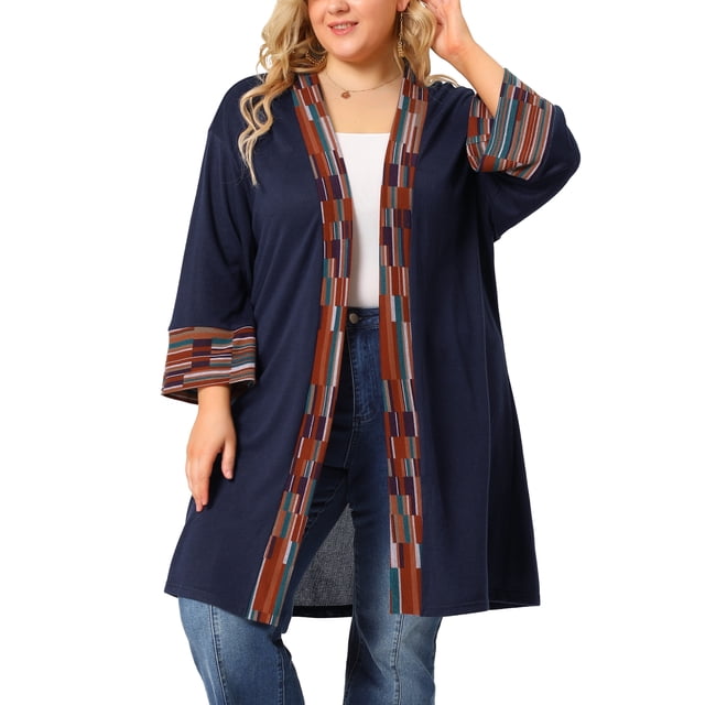 GRACE & GRANDEUR Cardigan Ouvert à Manches 3/4 pour Femme Grande Taille à Contraste de Couleurs