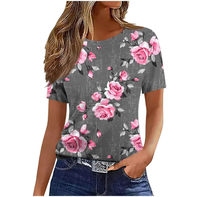 Pisexur Hauts pour Femmes, Hauts de Printemps pour Femmes 2025, Hauts pour Dames, T-shirt Imprimé Décontracté et Tendance pour Femmes avec Col Rond et Manches Courtes Gris, m