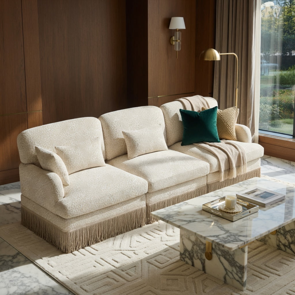 Hommoo 131" Modern Leopard Print Chenille 4-Seat Modular Sectional Sofa, Tassel Trim, Ergonomic Deep Seat Design, Easy Snap-Together Assembly for Living Room, Beige