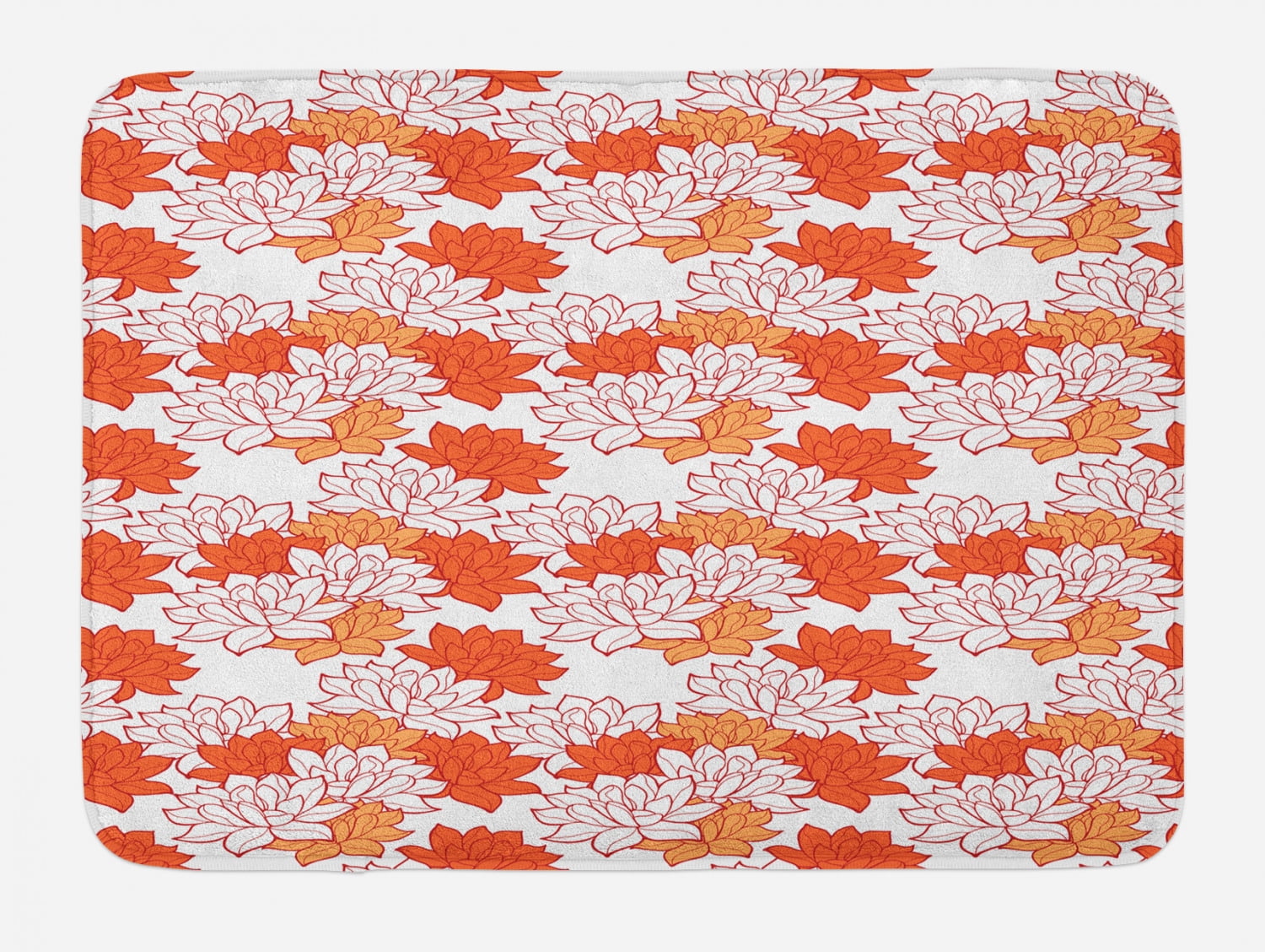 Orange Bath Mat, Blossoming Hand Drawn Lotus Leaves Garden Flowers Botanical Nature Theme, Non ...
