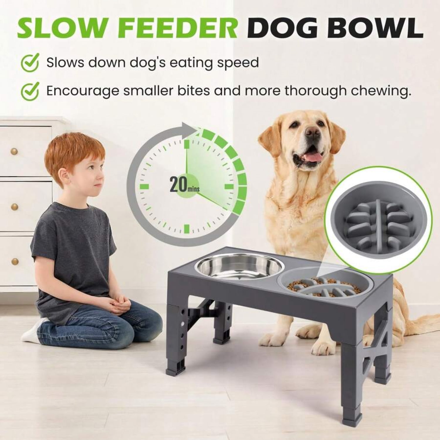 NTGFU Grey 5 Adjustable Heights Raised Dog Bowl Stand with 2 Stainless Steel Dog Food Bowls and 1 Slow Feeder Dog Bowl, Adjusts To Height 3.2" To 12.2" for Small Medium Large Dogs