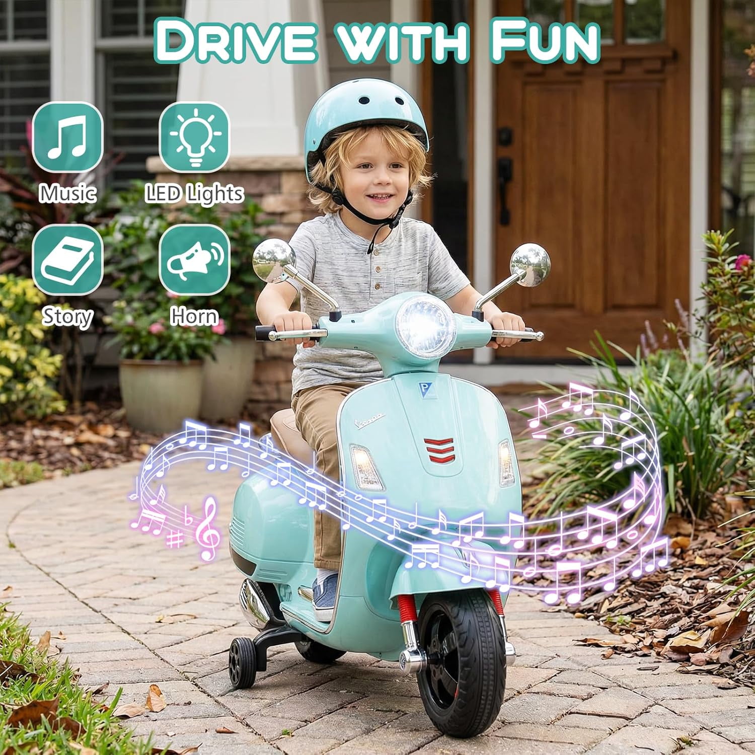 Licensed Vespa 12V Kids Motorcycle by OLAKIDS with Training Wheels, Music, Story, Horn, Lights for 3-6 Years