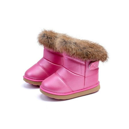 

GENILU Kids Waterproof Non Slip Combat Boot Fluffy Ankle Booties Dress Warm Lined Winter Shoes Rose Red US 6C