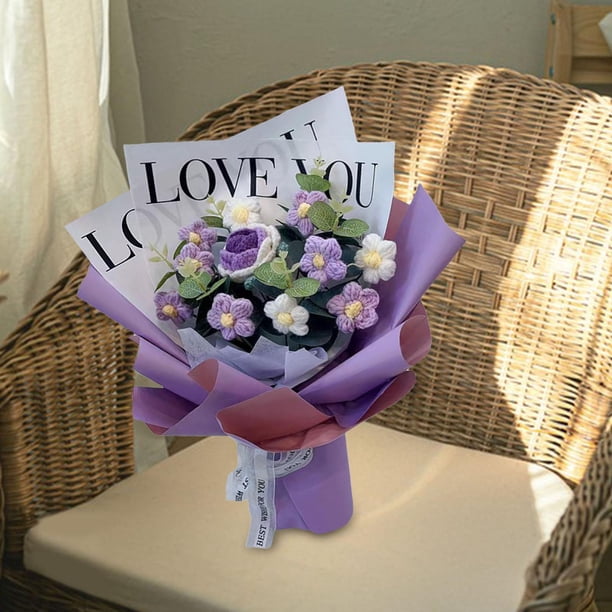 Ramo de flores de ganchillo, ramo de punto hecho a mano, decoración de flores falsas, flores artificiales para aniversario, compromiso, cumpleaños Púrpura