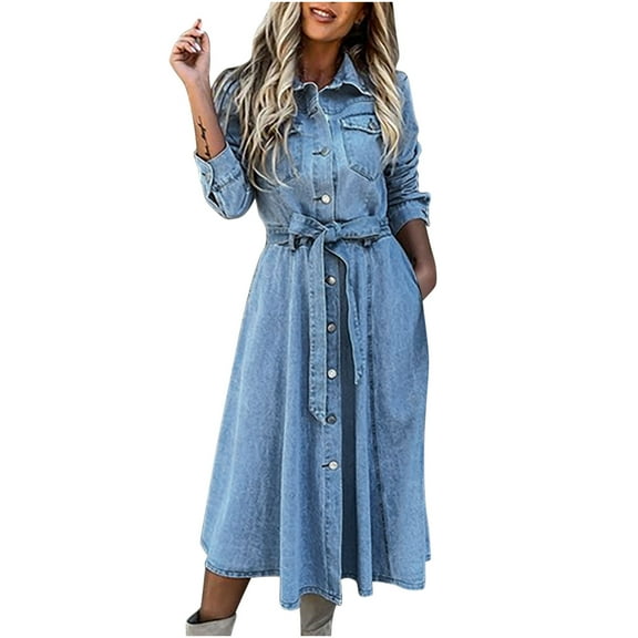 Rutainlusire Womens Dresses Clearance Clothes,Women's Spring Autumn Lapel Denim Casual High Waist Pocket Button Lace Up Dress