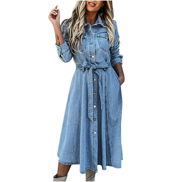 Vestidos Para Mujer Casual Maxi Vestidos Otoño Solapa Denim Cintura Alta Bolsillo Botón Vestido Con Cordones Odeerbi ODB139407