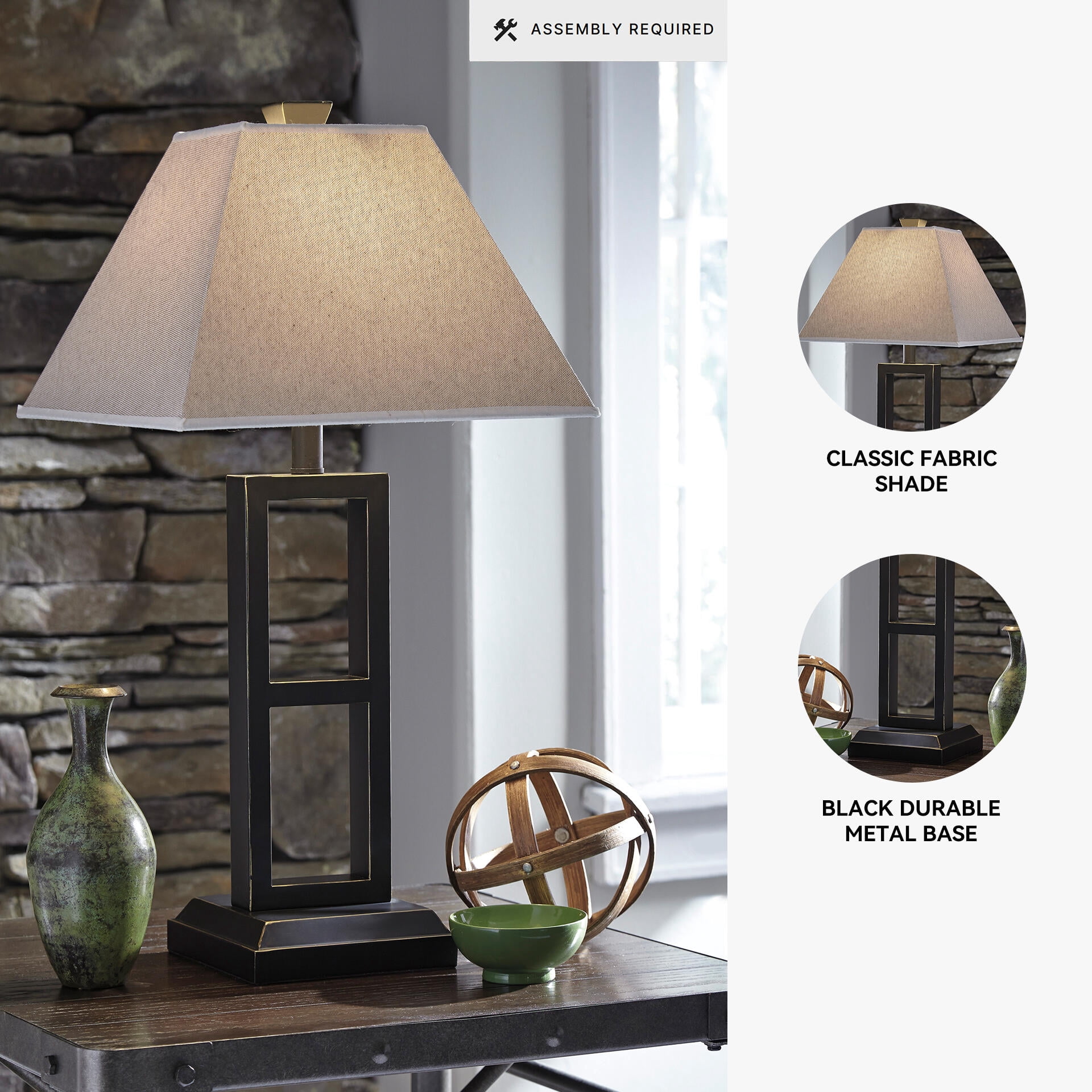 Signature Design by Ashley Deidra Metal Table Lamp Set (2), Black, Modern Open Frame Lamps with Linen-Look Shades