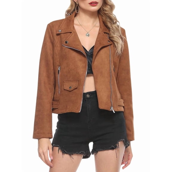 Women'S Faux Leather Moto Biker Short Coat Jacket Brown XS