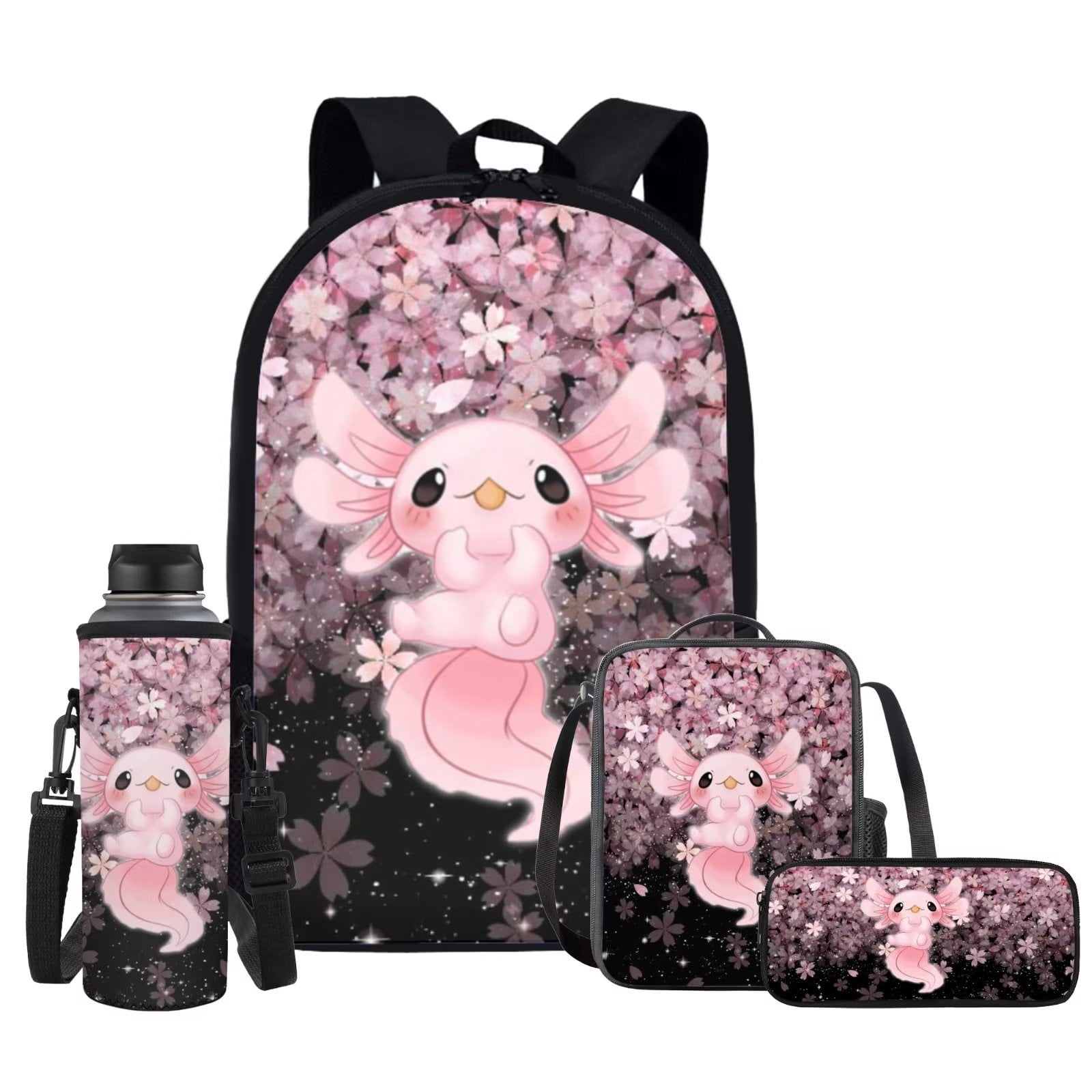 FKELYI Pink Sakura Axolotl Kids Girls Backpack School Bag 4in1