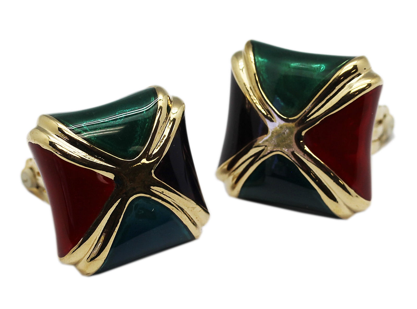 Red Green Black & Gold Metal Clip On Earrings