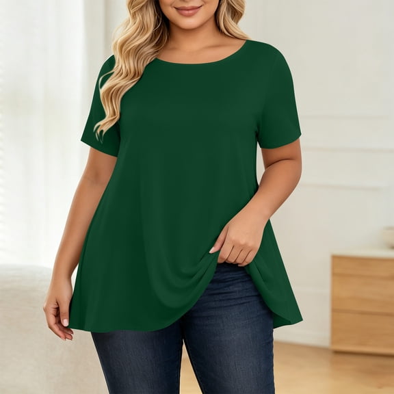 ClodeEU Plus Size Women's Round Neck Short Sleeve Tunic Top,Casual Loose A Line Flared Hem Solid Swing Blouse ,Women's Plus XXL