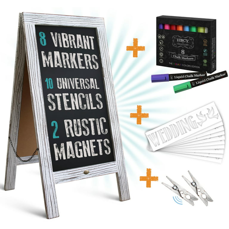 HBCY Creations Whitewashed Magnetic A-Frame Chalkboard Deluxe Set / 8 Chalk  Markers + 10 Stencils + 2 Magnets + Eraser, Large 40 x 20 Outdoor  Sidewalk Chalkboard 