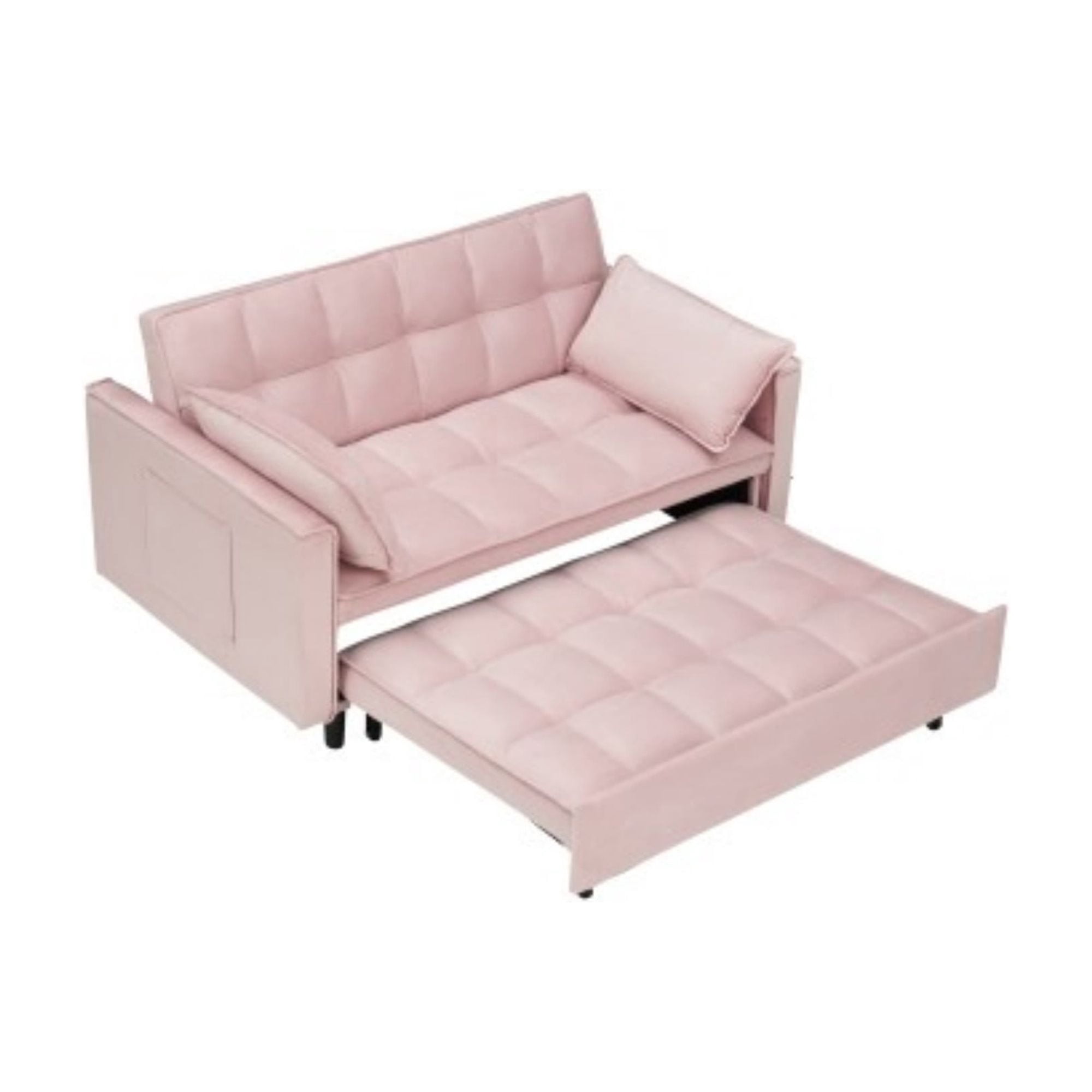 Velvet Loveseat Sofa Bed, 3-in-1 Convertible Sleeper Couch with Pullout Bed & Reclining Backrest, Pink