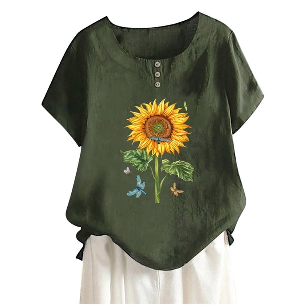 Camisas de Manga Corta para las Mujeres, Blusa de Botón de Impresión Casual con Cuello Redondo Hecha de Tela Suave Transpirable para Verano Primavera, Blusas de Manga Corta para las Mujeres
