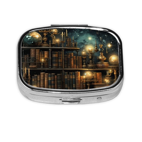 Library Books Magic Vintage Starry Square Pill Box 2 Compartment Pill Case Medicine Organizer Decorative Gift for Purse Pocket