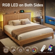 Fluest Queen Solid Wood Bed Frame with High Headboard and Charging Station, Natural Finish