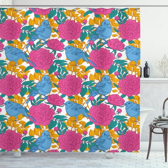 Bird Shower Curtain, Spring Peony Blossoms Leaves Print in Vibrant Colors, Fabric Bathroom Set with Hooks, 69W X 84L Inches Extra Long, Pink Dark Seafoam Earth Yellow Pale Sky Blue, by Ambesonne