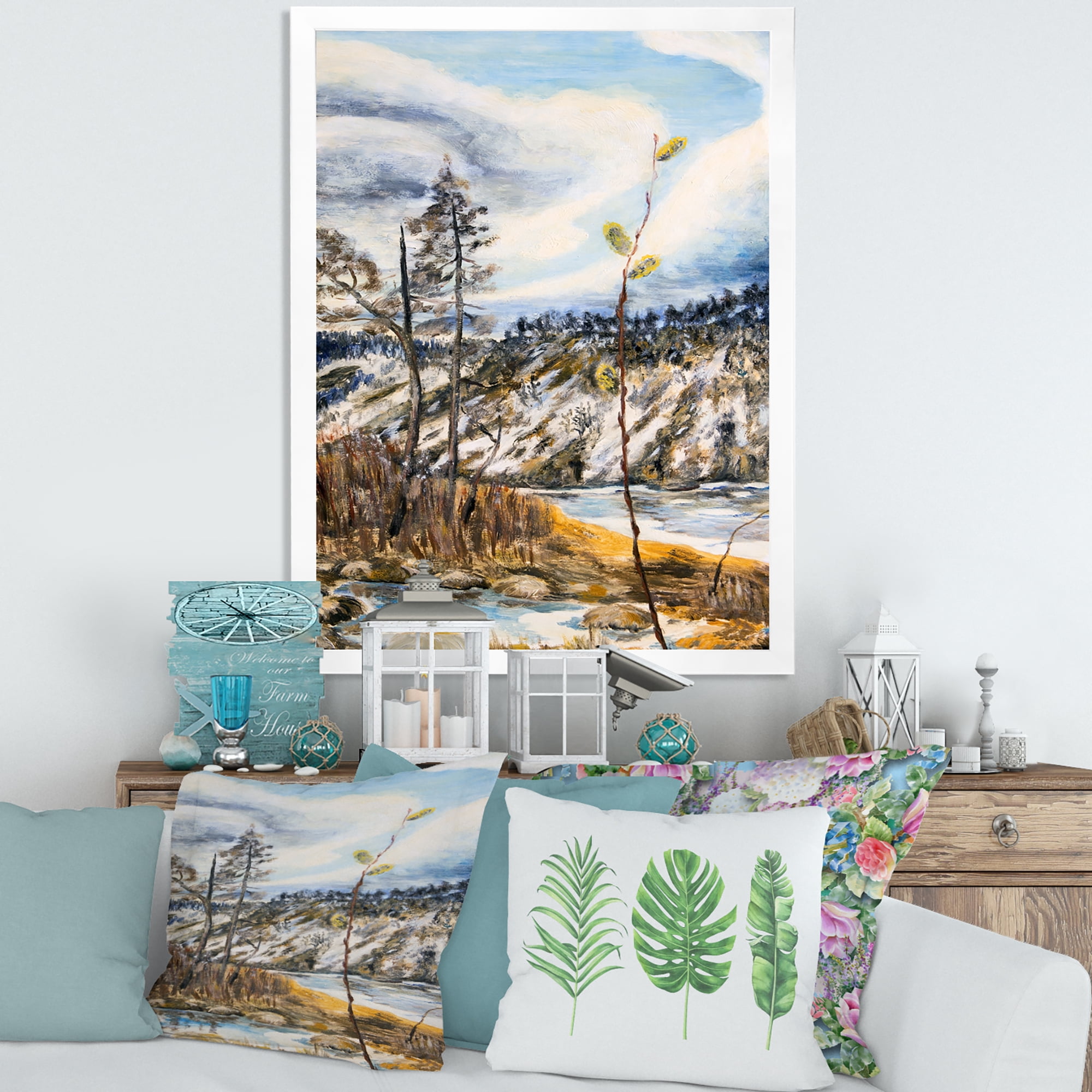 The Cloudy Sky and The River With Spring Landscape 30 in x 40 in Framed Painting Canvas Art Print, by Designart