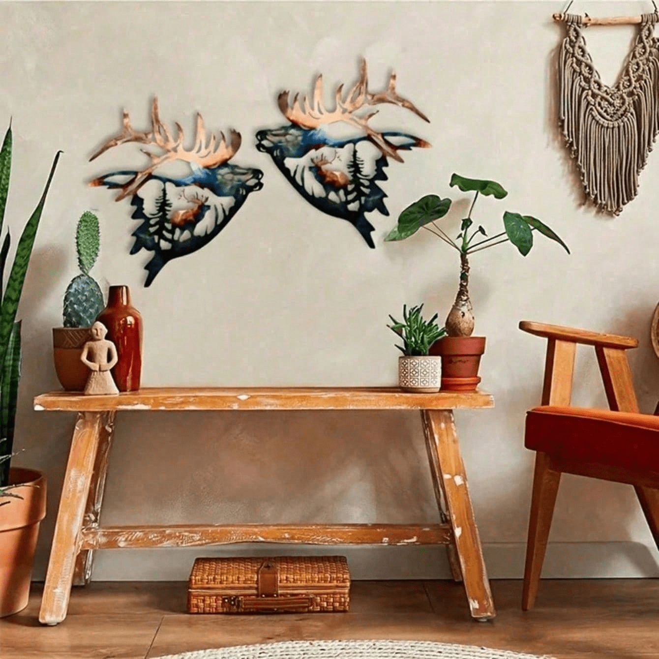 2Pcs Deer and Elk Metal Wall Art Rustic Farmhouse Silhouette Decor Living Room Office Wildlife Sign Christmas New Year Housewarming Gift