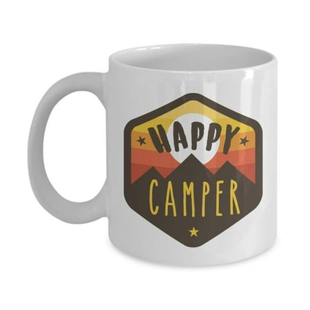 Happy Camper Cute White Ceramic Mountain Camping Print Coffee & Tea Gift Mug Cup, Accessories, Ornament, Décor, Kitchen Supplies And Dishes For Adventurer, Climber, Traveler Or Men & Women