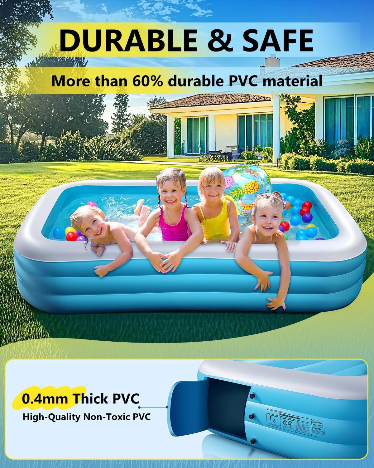 Inflatable Pool for Kids and Adults-130"*72"*22" Full-Sized Inflatable Swimming Pool Leakproof Blow Up Above Ground for Backyard Outdoor Garden Summer Water Party Blue