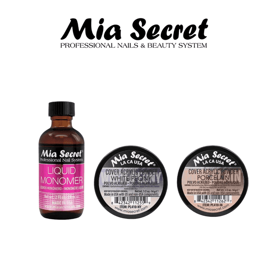 Mia Secret - Liquid Monomer 2oz & Cover Acrylic Powder (Cover White Peony  Porcelain) 0.5 oz Combo