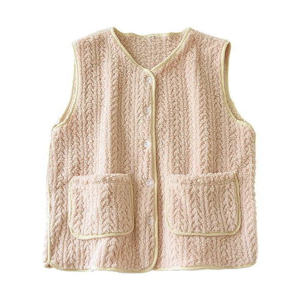 Wensltd Winter Button Down Vest Pajama for Women Fleece Lined Warm Solid Color Cozy Sleepwear with Pockets
