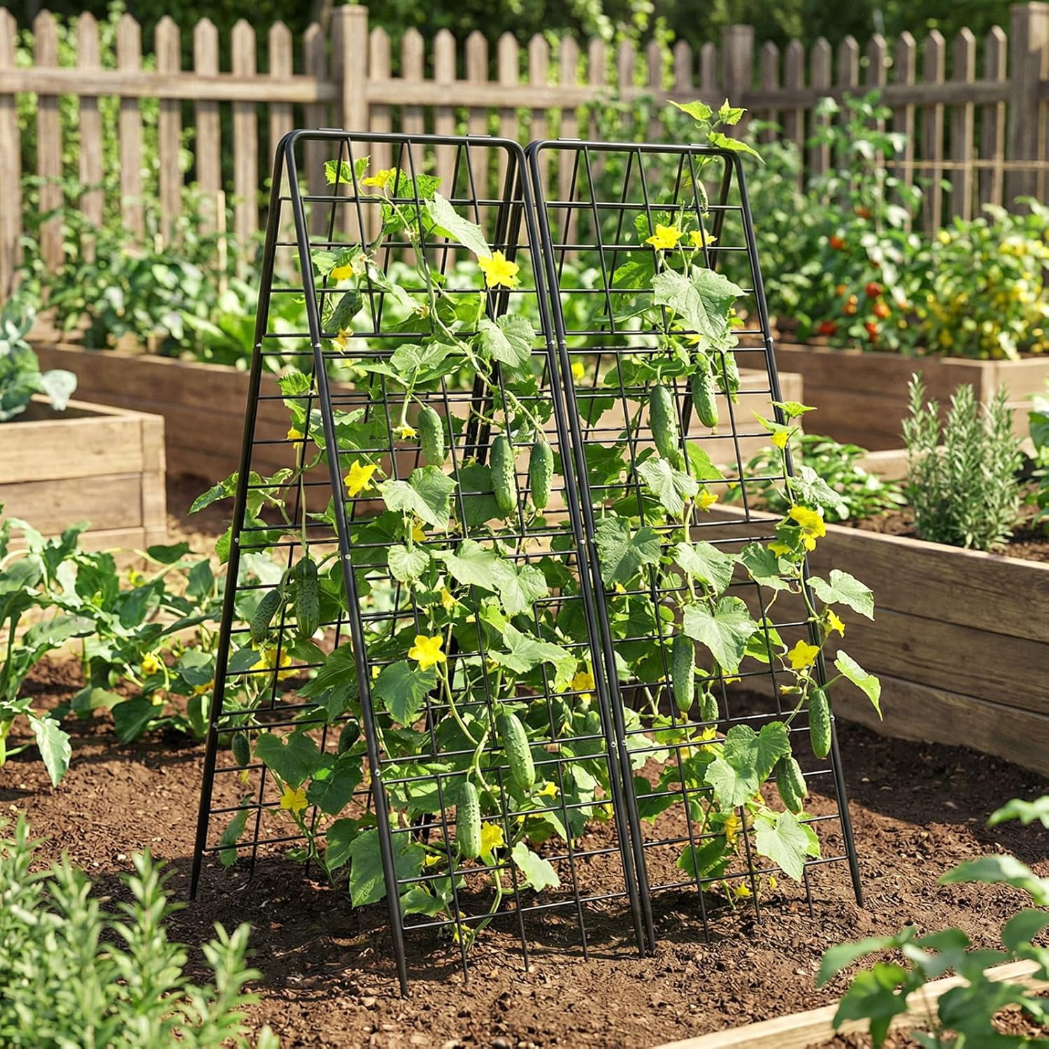 Cucumber Trellis, 59" H 2 Pack Metal Foldable Thickened A Frame Garden Trellis for Raised Bed Climbing Plants, Vegetables, Including Plant Support Clips, Twist Ties, Plastic Ties, Black