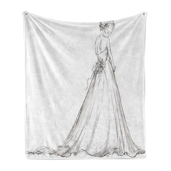 Bridal Soft Flannel Fleece Throw Blanket, Fairytale Ending of a Love Story Princess Sketchy Bride with Flowers Image, Cozy Plush for Indoor and Outdoor Use, 50" x 70", Black and White, by Ambesonne