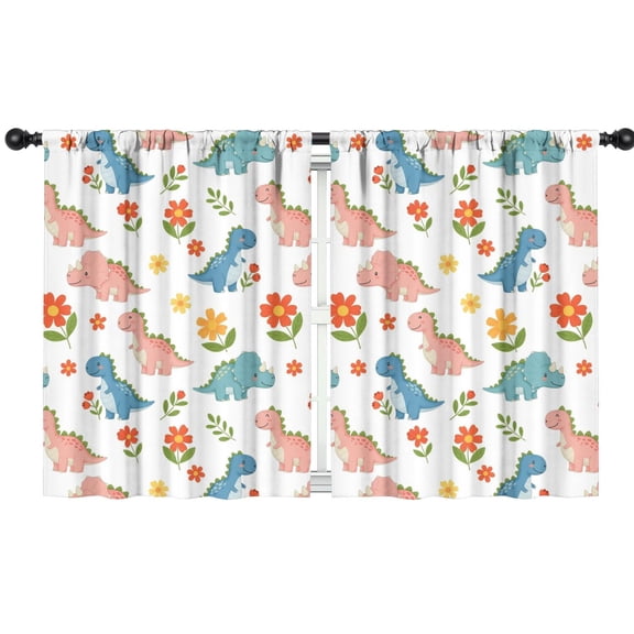 Blackout Kids Curtains,White Cartoon Dinosaurs Flowers Pattern Childrens Insulated Curtains Set Of 2,Bedroom Essentials,Toddler Room Decor 42"x54"