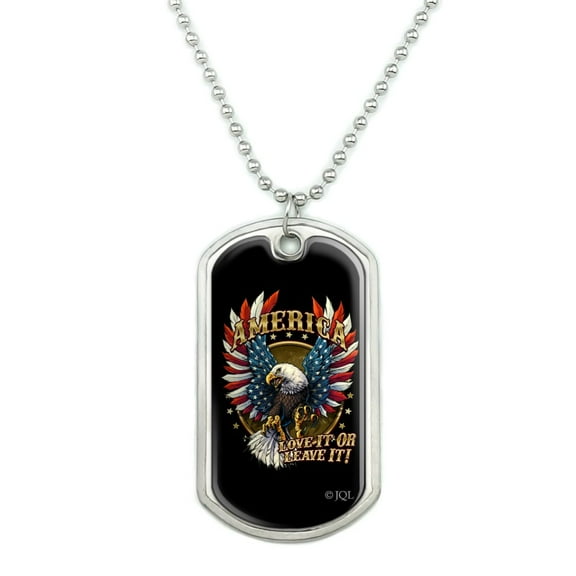 America Love It Or Leave Eagle USA American Flag Military Dog Tag Pendant Necklace with Chain