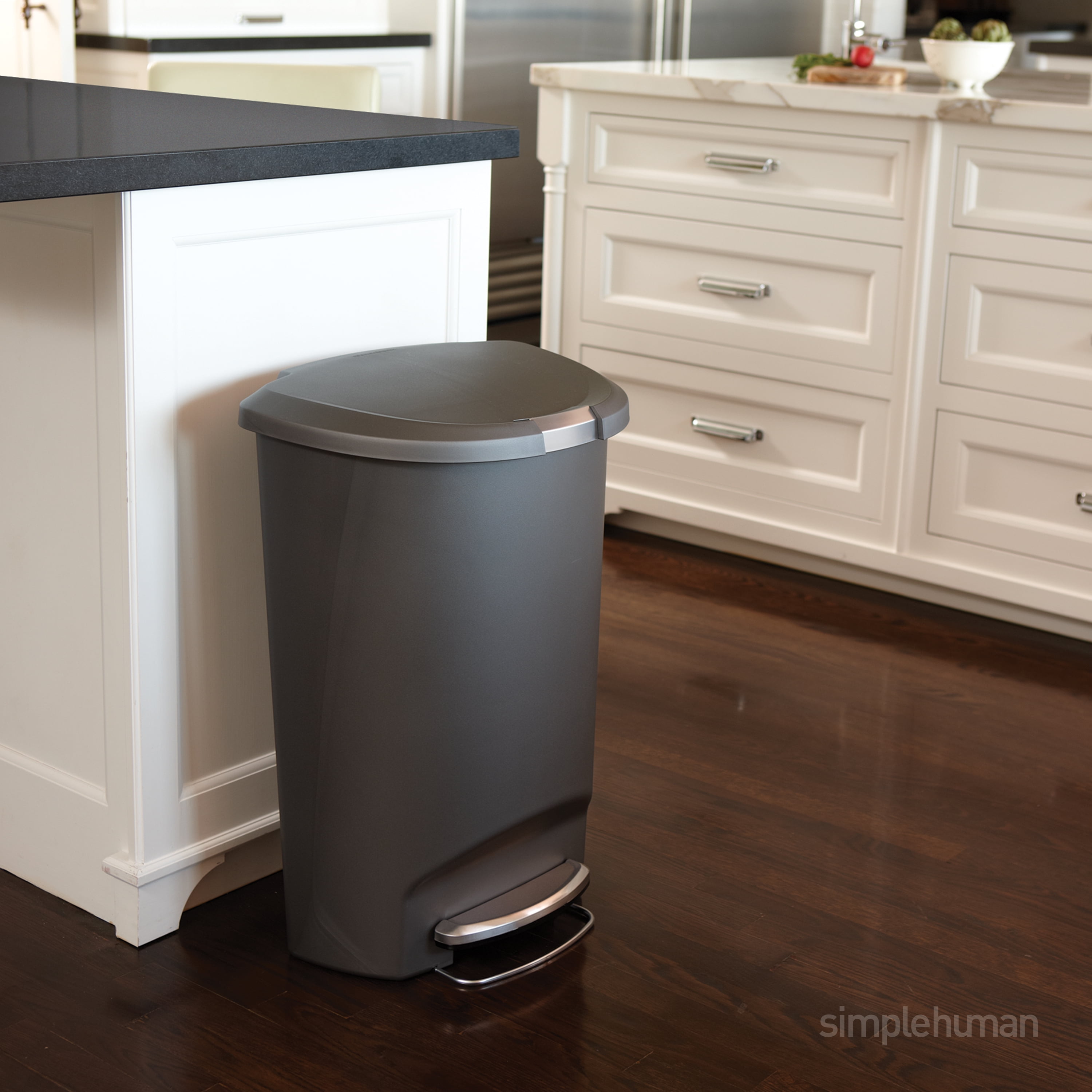 simplehuman Kitchen Trash Can, 13 Gallon Plastic Step Garbage Bin with Secure Slide Lock Lid, Gray