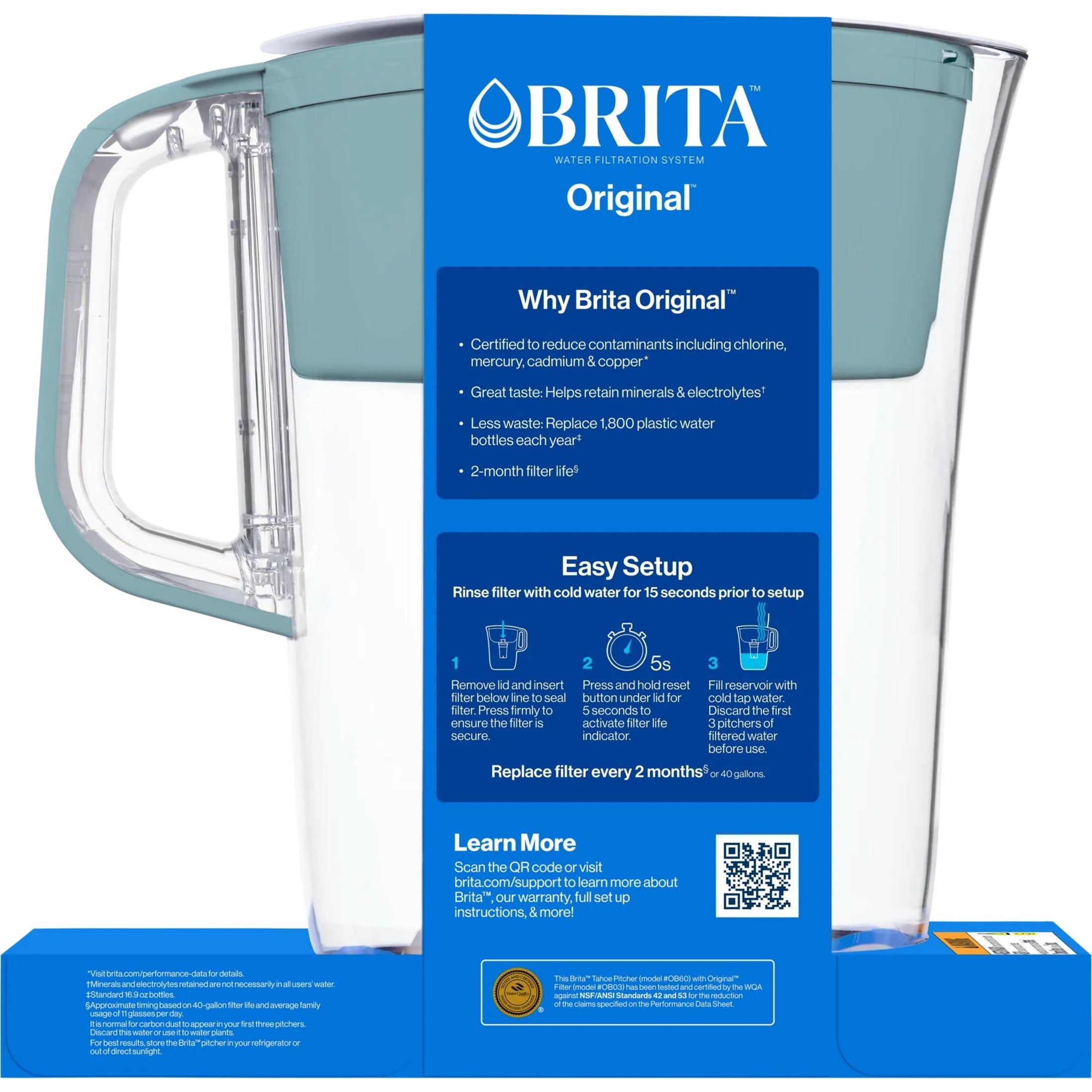 Brita 10 Cup Large Plastic Water Filter Pitcher, Stone Blue, BPA Free with 1 Standard Brita Filter