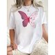 thumbnail image 1 of Camiseta inspiradora con estampado de mariposas para mujer, cuello redondo informal, algodón con elasticidad media, tejido de punto para todo tipo de climas, ideal para deportes de ocio., 1 of 8