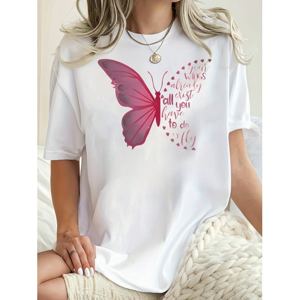 Camiseta inspiradora con estampado de mariposas para mujer, cuello redondo informal, algodón con elasticidad media, tejido de punto para todo tipo de climas, ideal para deportes de ocio.